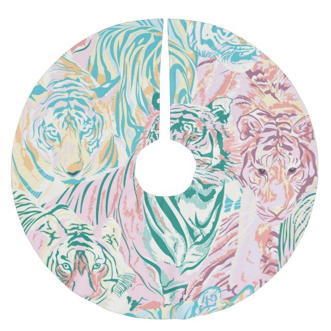 Pastel Colour Tiger Art Pattern Brushed Polyester Tree Skirt (Front)