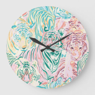 Pastel Colour Tiger Art Pattern Large Clock