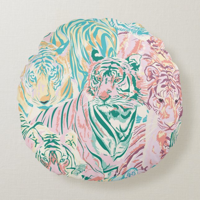 Pastel Colour Tiger Art Pattern Round Cushion (Front)