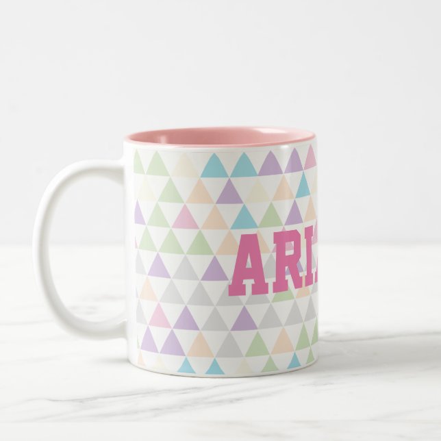 Pastel Colour Triangles with pink Custom Name Two-Tone Coffee Mug (Left)