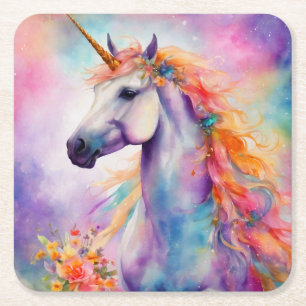 Pastel Colour Unicorn Square Paper Coaster