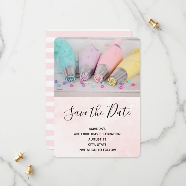 Pastel Coloured Cake Decorating Tools Birthday Save The Date (Front/Back In Situ)