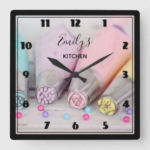 Pastel Coloured Cake Decorating Tools Kitchen Square Wall Clock