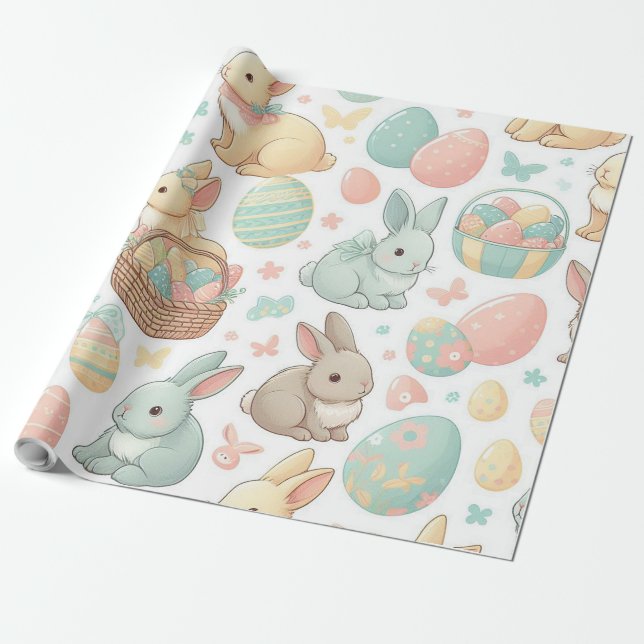 Pastel coloured Easter bunnies and easter eggs Wrapping Paper (Unrolled)
