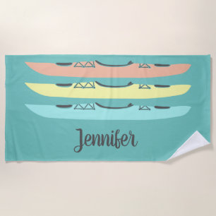 Pastel Coloured Kayaks Personalised Teal Blue Beach Towel