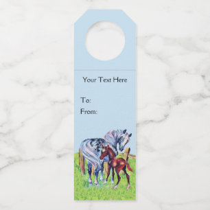 Pastel Coloured Mother Horse With Brown Baby Colt Bottle Tag