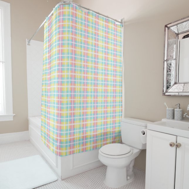Pastel Coloured Plaid Shower Curtain (In Situ)