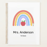 Pastel Coloured Rainbow Teacher Planner<br><div class="desc">A cute teacher spiral planner featuring a pastel coloured rainbow accented with a pencil and a red apple. Personalise with the teacher's name and grade.</div>