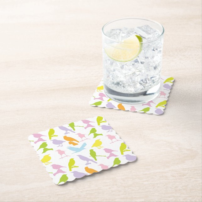 Pastel Coloured Variety of Birds Pattern Paper Coaster (Insitu)