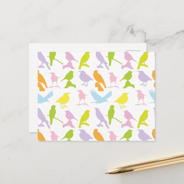 Pastel Coloured Variety of Birds Pattern Postcard (Front/Back In Situ)