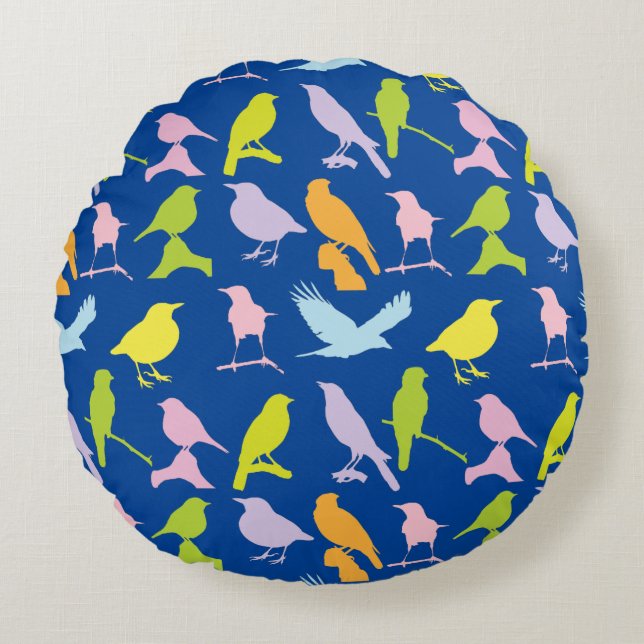 Pastel Coloured Variety of Birds Pattern Round Cushion (Front)