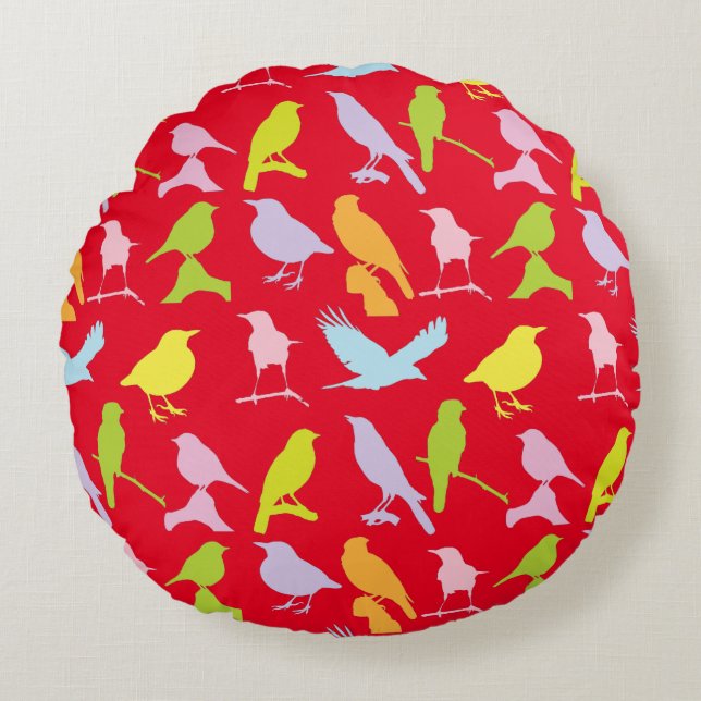 Pastel Coloured Variety of Birds Pattern Round Cushion (Front)