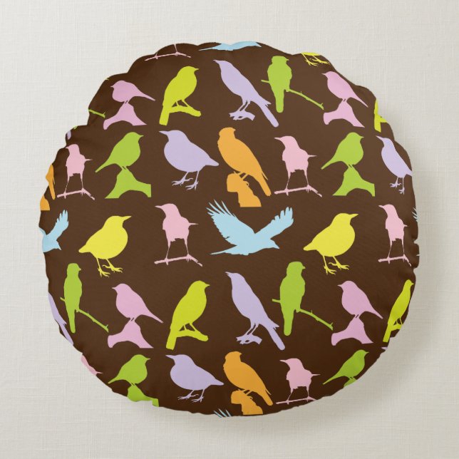Pastel Coloured Variety of Birds Pattern Round Cushion (Front)