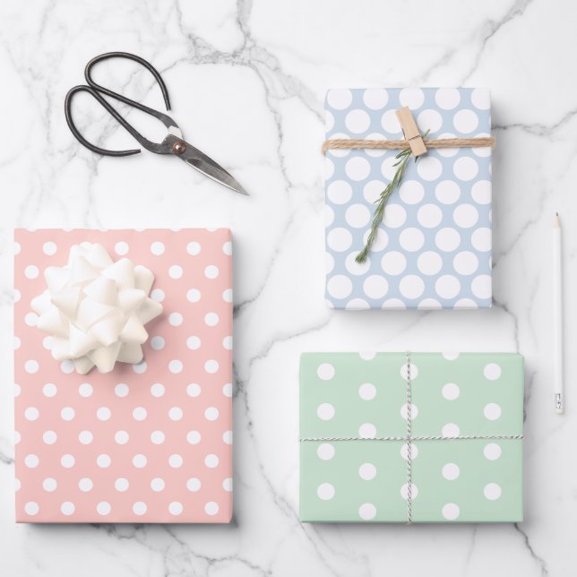 Pastel Coloured White Polka Dot Wrapping Paper Sheet (Front)