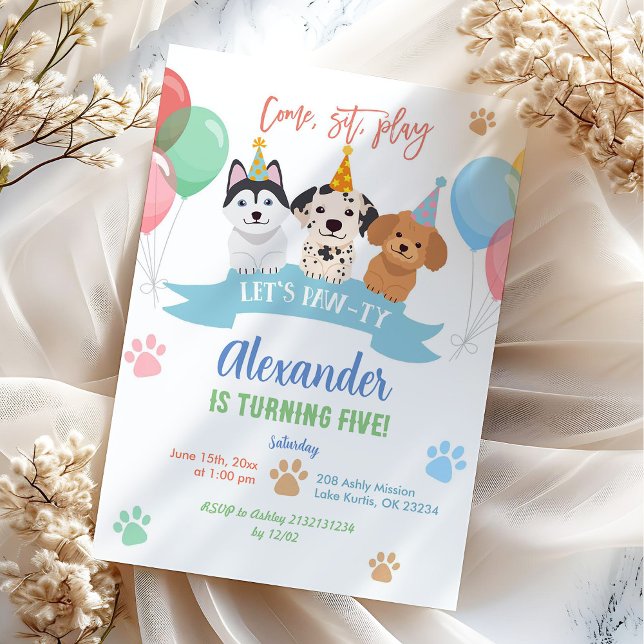 Pastel colourful birthday let's pawty dog invitation (Creator Uploaded)