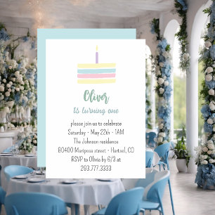 Pastel colourful blue cake 1st Birthday party  Invitation