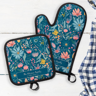 Pastel colourful botanical pattern family name blu oven mitt & pot holder set