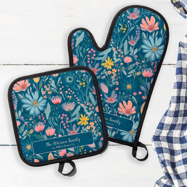 Pastel colourful botanical pattern family name blu oven mitt & pot holder set (Creator Uploaded)