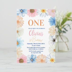 Pastel Colourful Daisy Flower Girl 1st Birthday Invitation