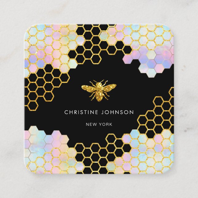pastel colourful hexagons bee logo square business card (Front)