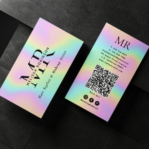 Pastel Colourful Holographic Monogram and QR Code Business Card