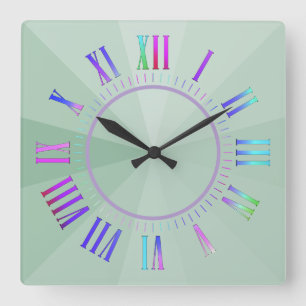 Pastel Colourful Roman Hour, Minute Marks on Green Square Wall Clock