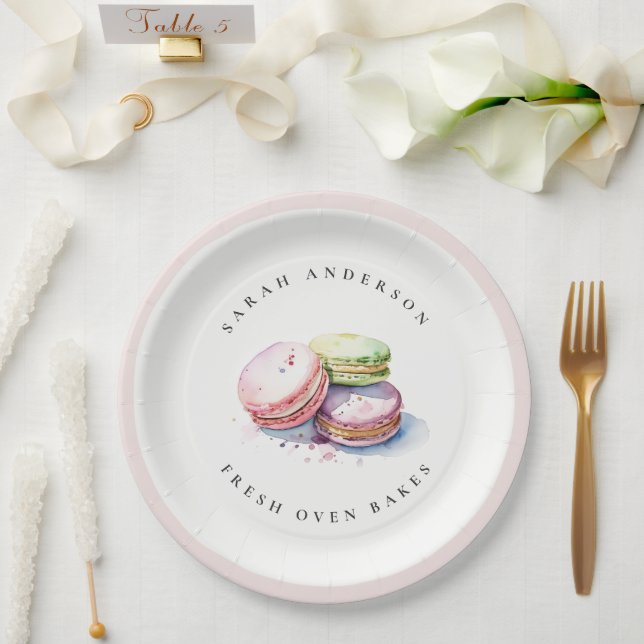 Pastel Colourful Watercolor French Macarons Bakery Paper Plate (Wedding)