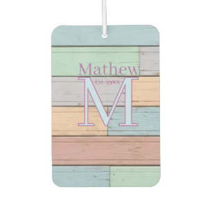 pastel colourful wood rustic monogram est. year na car air freshener