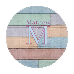 pastel colourful wood rustic monogram est. year na cutting board