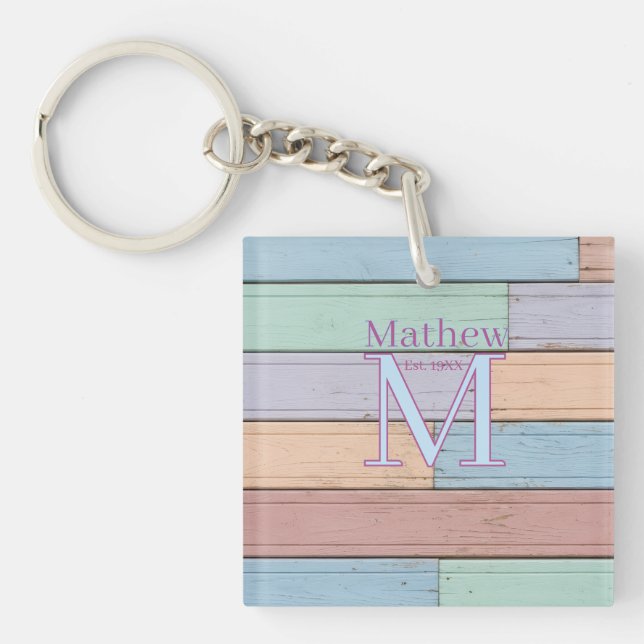 pastel colourful wood rustic monogram est. year na key ring (Front)