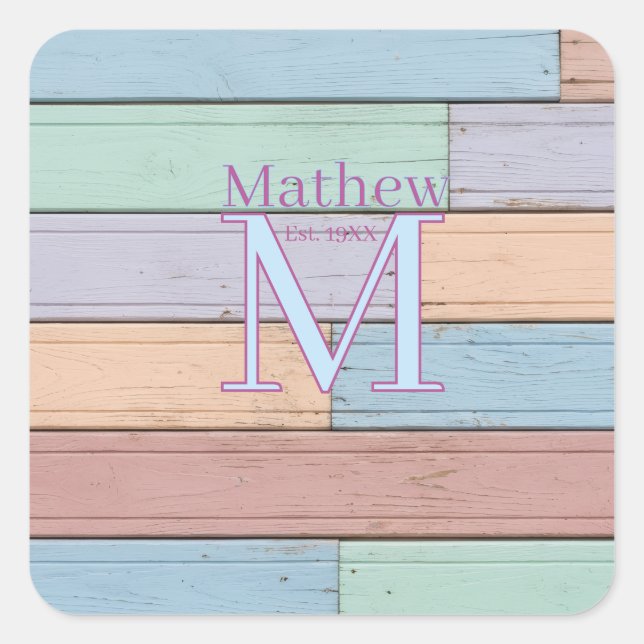 pastel colourful wood rustic monogram est. year na square sticker (Front)