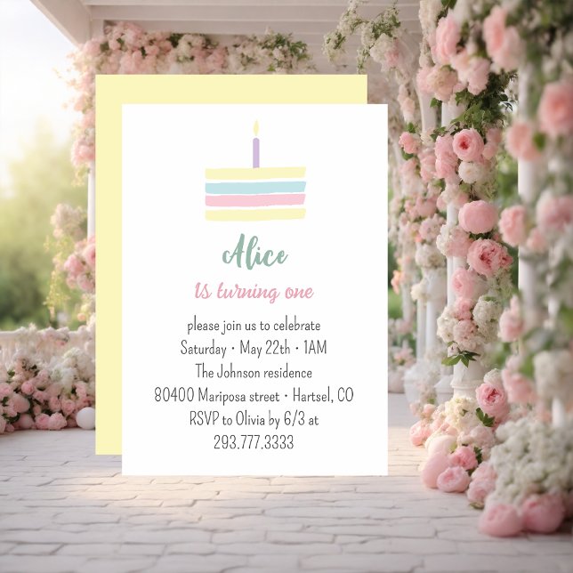 Pastel colourful yellow cake 1st Birthday party Invitation (Creator Uploaded)
