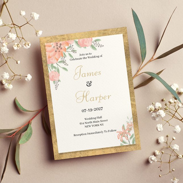 Pastel colours gold watercolor floral frame Weddin Invitation (Pastel colors gold watercolor floral frame Wedding )