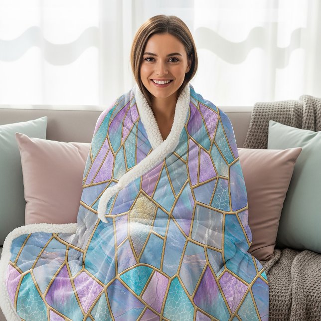 Pastel Colours Iridescent Stained Glass Pattern Sherpa Blanket (Creator Uploaded)