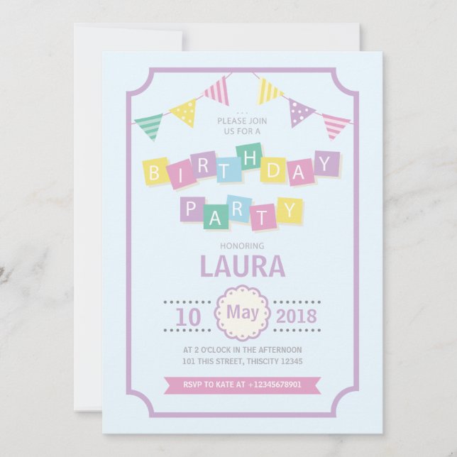 Pastel Colours Kids Birthday Party Invitation (Front)