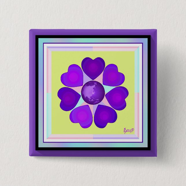 Pastel colours & purple hearts beating 15 cm square badge (Front)