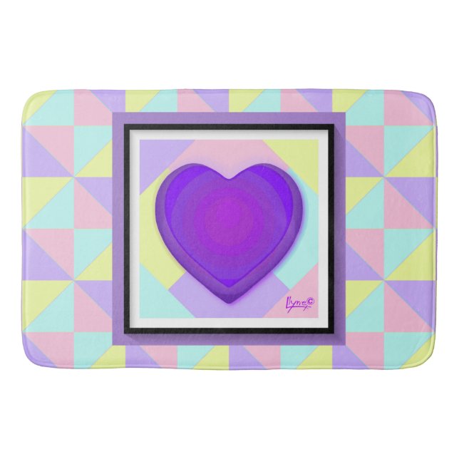 Pastel colours & purple hearts beating bath mat (Front)