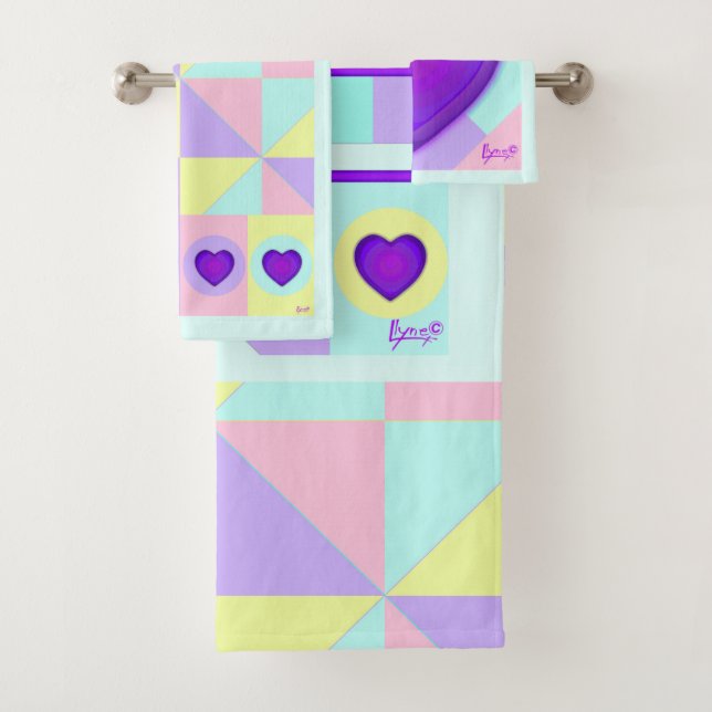 Pastel colours & purple hearts beating bath towel set (Insitu)