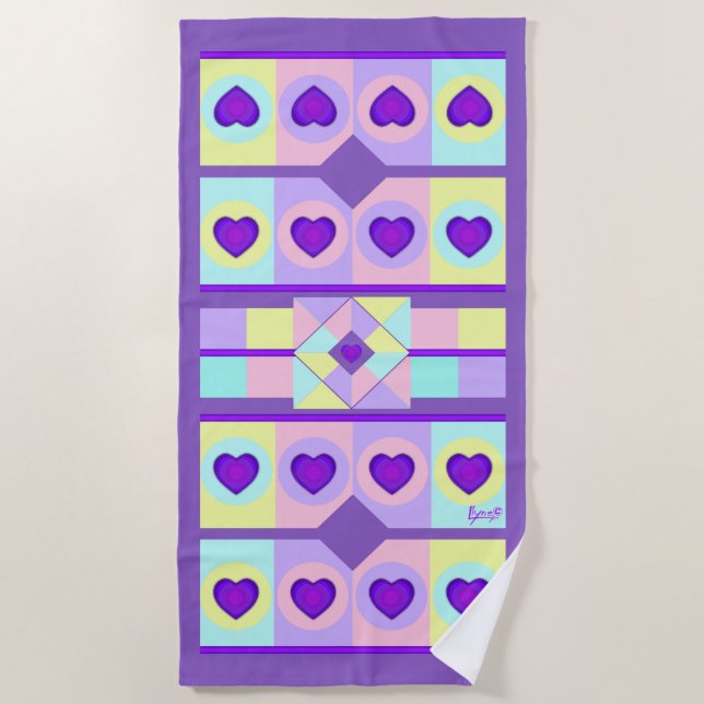 Pastel colours & purple hearts beating beach towel (Front)