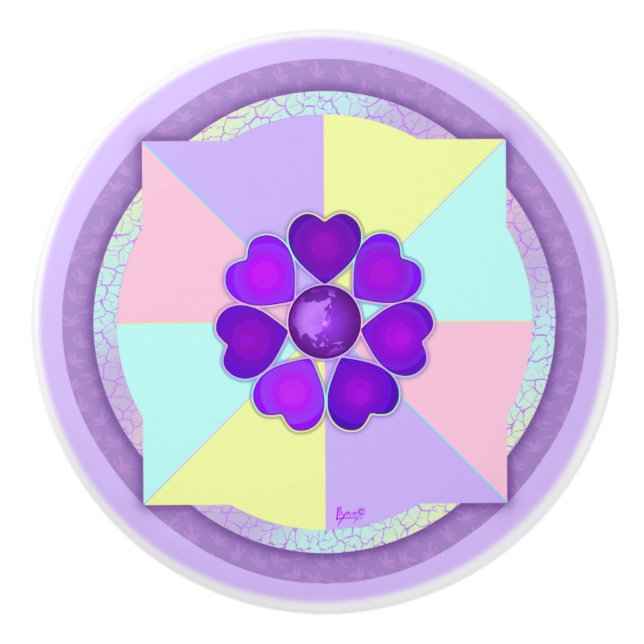 Pastel colours & purple hearts beating ceramic knob (Front)