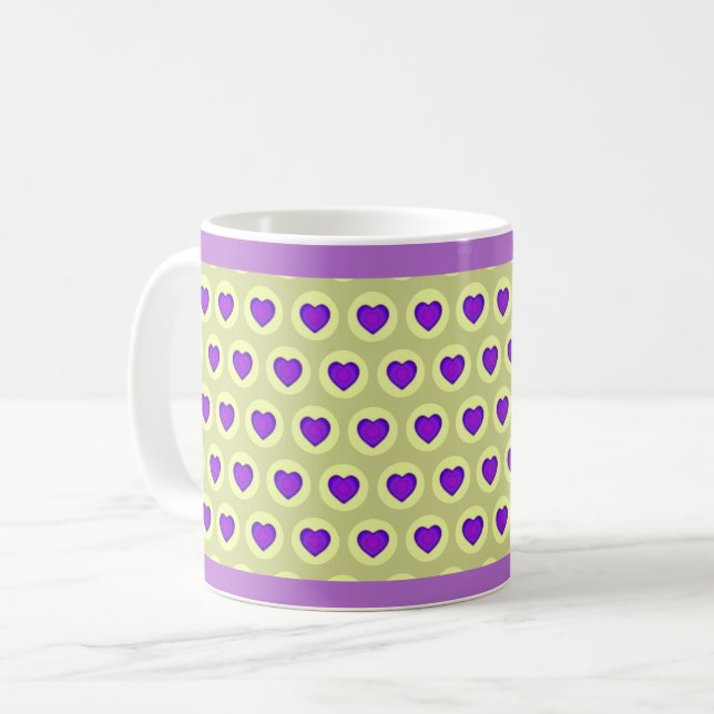 Pastel colours & purple hearts beating coffee mug (Front Left)