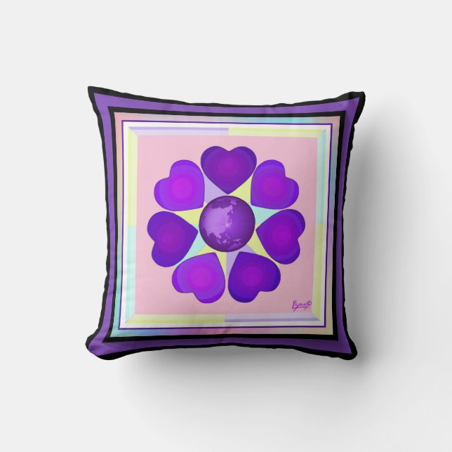 Pastel colours & purple hearts beating cushion (Front)