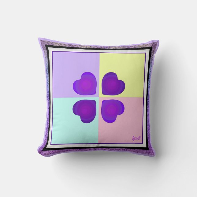 Pastel colours & purple hearts beating cushion (Front)