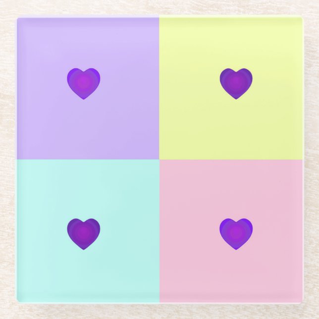 Pastel colours & purple hearts beating glass coaster (Front)