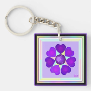 Pastel colours & purple hearts beating key ring