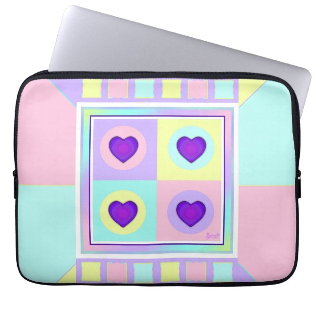 Pastel colours & purple hearts beating laptop sleeve (Front)