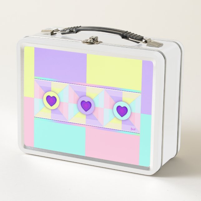 Pastel colours & purple hearts beating metal lunch box (Front)