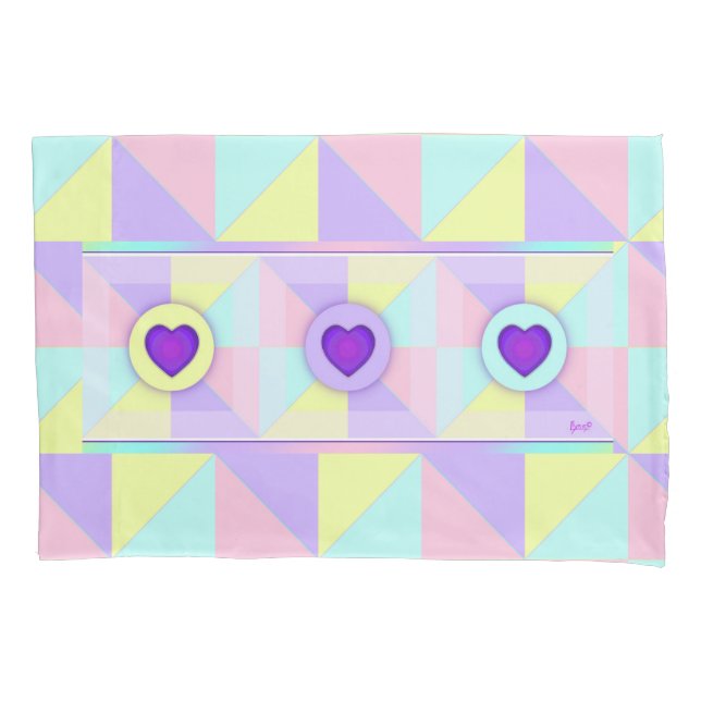 Pastel colours & purple hearts beating pillowcase (Front)