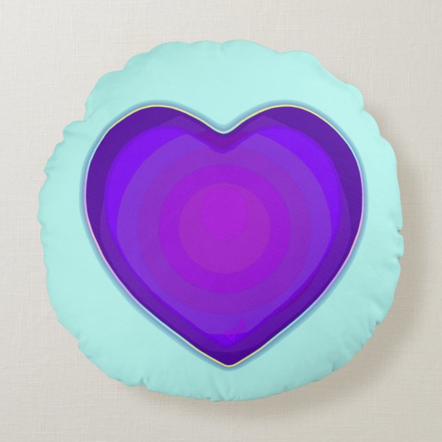 Pastel colours & purple hearts beating round cushion (Front)