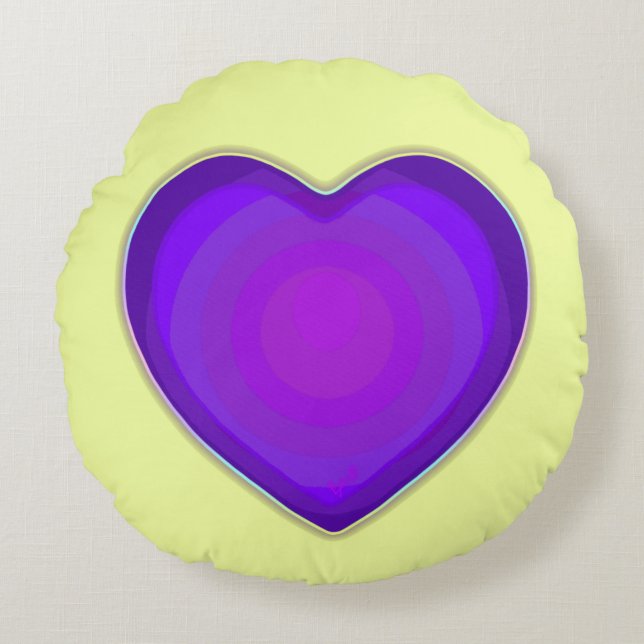 Pastel colours & purple hearts beating round cushion (Front)